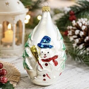 VTG Columbia Forest Pattern Mercury Glass Snowman Christmas Teardrop Ornament 4"